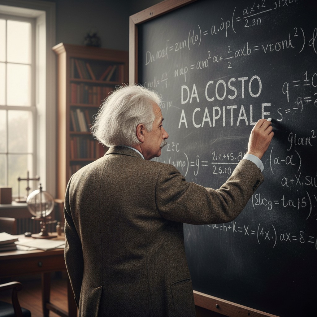Un uomo con i capelli bianchi scrive con un gesso la frase "DA COSTO A CAPITALE" su una lavagna piena di formule matematiche in uno studio.